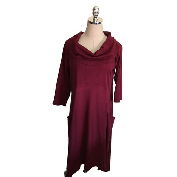 Color Me Cotton CMC Dress Women's Size Medium Wine Red Pockets Lagenlook Cowl Ne - Picture 1 of 7